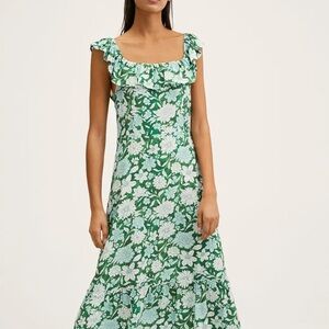 Green Floral Ruffle-Sleeve Midi Dress